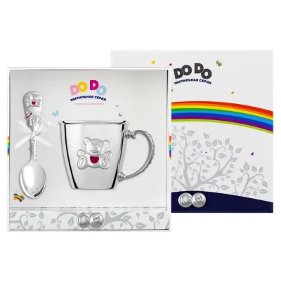 Набор детский "Мишка": кружка и ложка посеребренный с розовой с эмалью