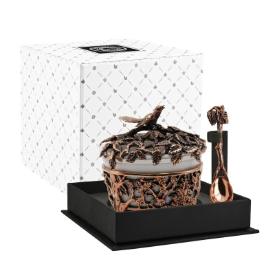 Солонка "Зачарованный лес" медная с чернением с ложкой в футляре