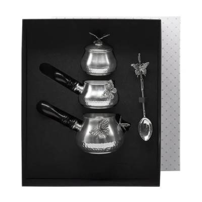Набор для кофе "Бабочки" посеребренный с чернением 4 пр. (турка+молочник+сахарница+ложка)