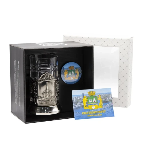 Набор для чая "Екатеринбург" никелированный с чернением  с открыткой и значком "Екатеринбург Герб"