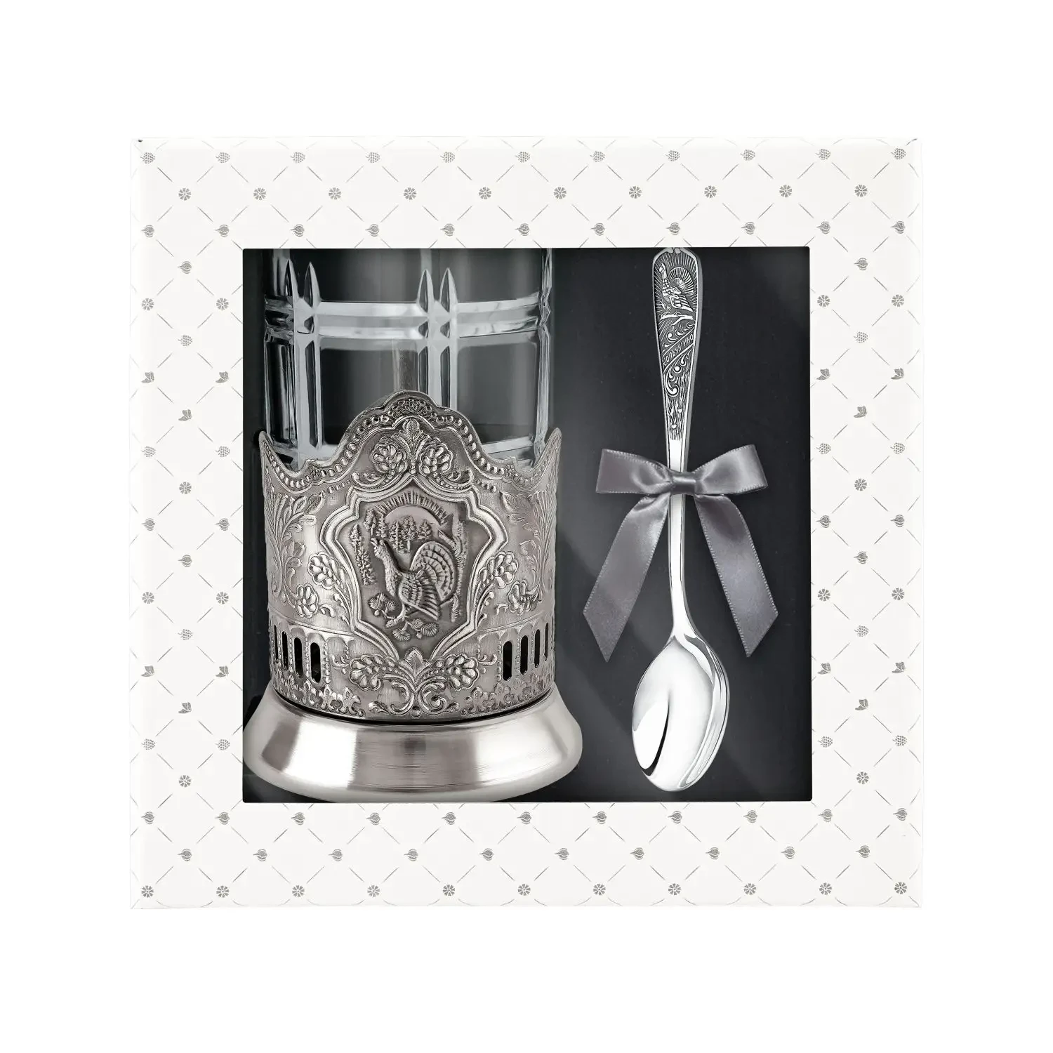 Набор для чая "Глухарь" никелированный с чернением Набор для чая "Глухарь" никелированный с чернением