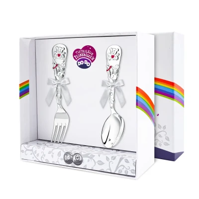 Набор детский "Мишка": вилка и ложка посеребренный с розовой с эмалью