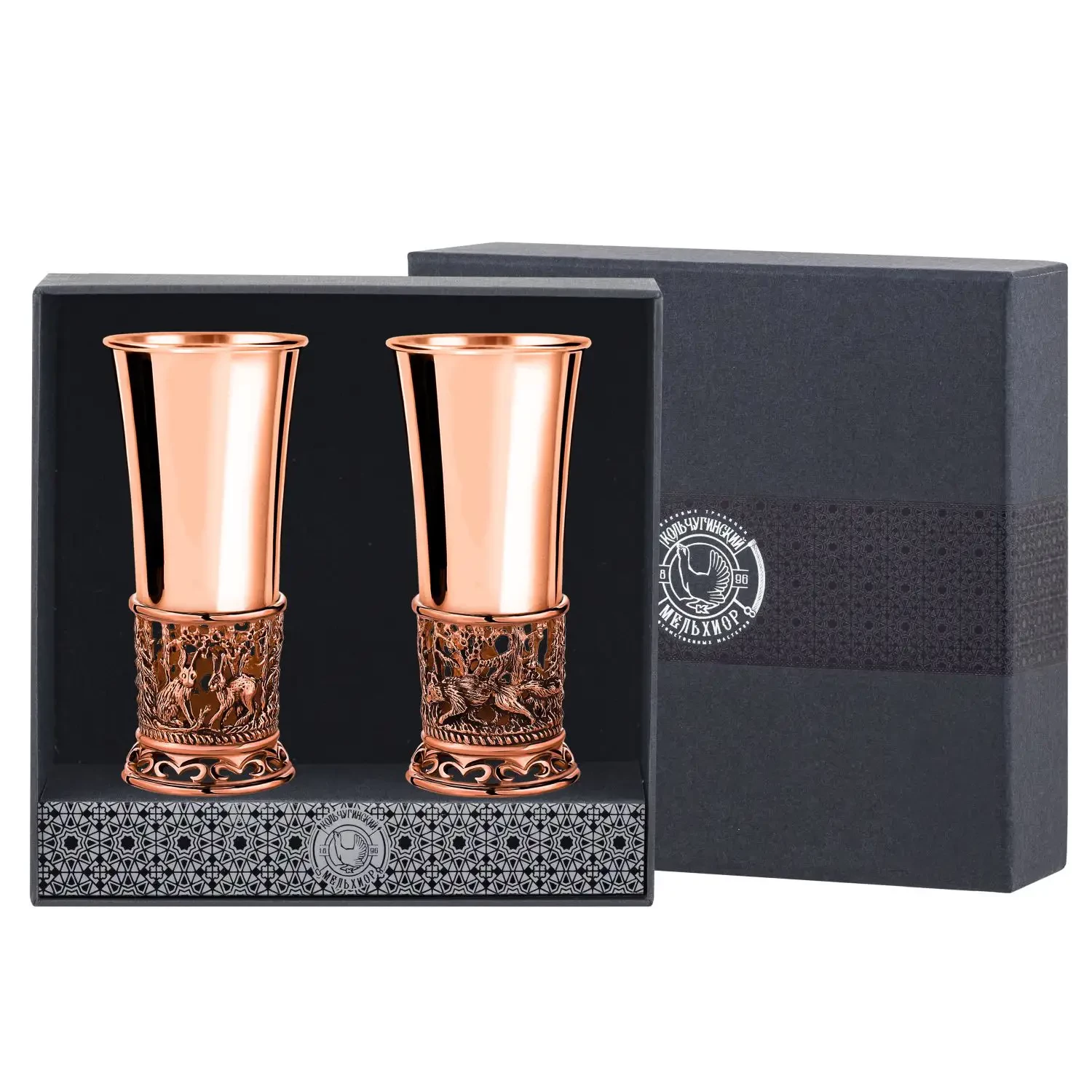 Набор медных стопок "Лисья охота" с чернением