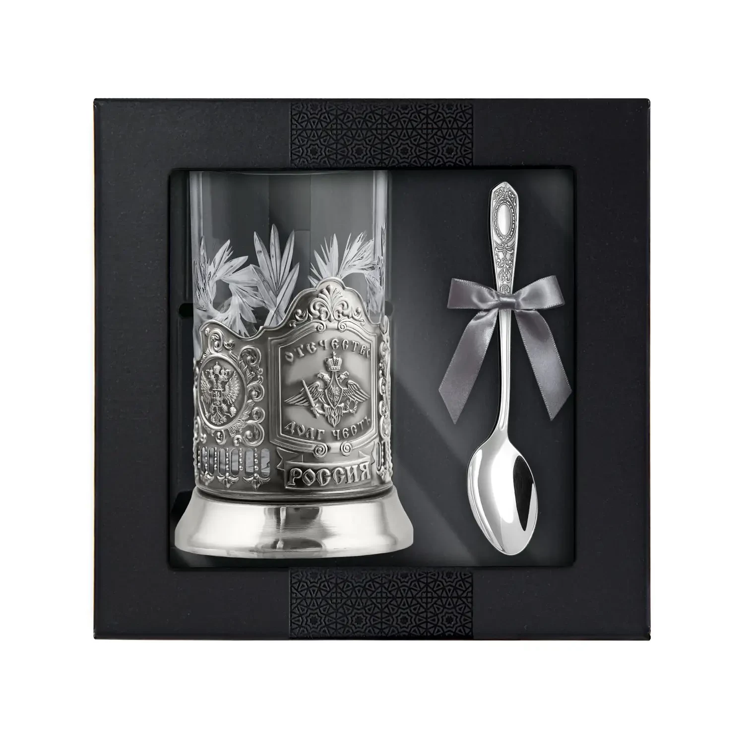 Набор для чая "Отечество Долг Честь" никелированный с чернением Набор для чая "Отечество Долг Честь" никелированный с чернением