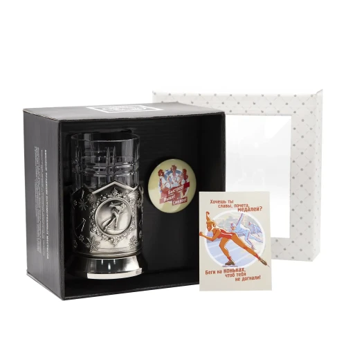 Набор для чая "Зимние виды спорта Конькобежный спорт" никелированный с чернением  с открыткой и значком "Быстрее, Выше, Смелее"