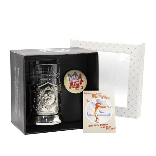 Набор для чая "Зимние виды спорта Фигурное катание" никелированный с чернением  с открыткой и значком "Быстрее, Выше, Смелее"