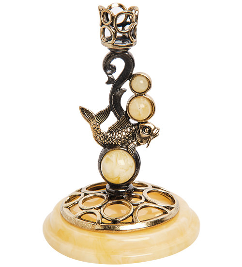 AM-2979/1 Подсвечник "Золотой карп" (латунь, янтарь)