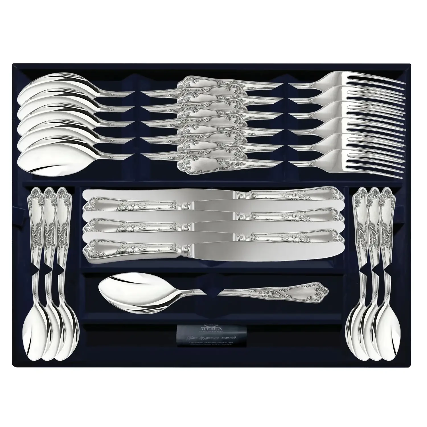 Набор столовый "№10": вилка, ложка, нож, чайная ложка 24 предмета (Серебро 925)