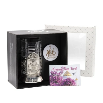 Набор для чая "Исаакиевский собор" никелированный с чернением  с открыткой и значком "Спаси и сохрани"