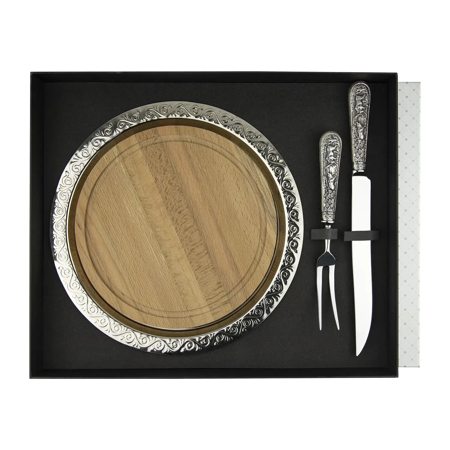 Набор для мяса с разделочной доской и подносом "Лось" посереб. 4 пр. + футляр Набор для мяса с разделочной доской и подносом "Лось" посереб. 4 пр. + футляр