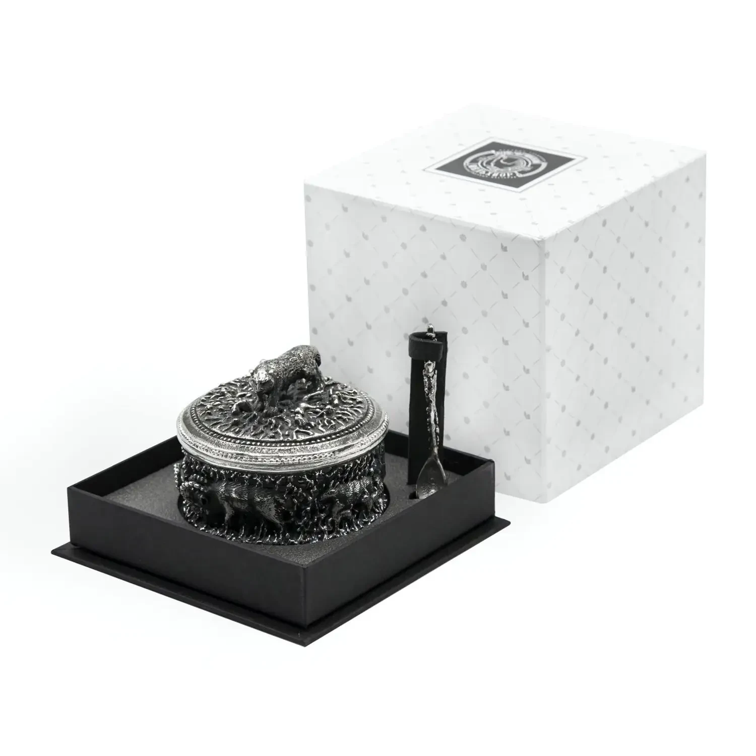 Солонка "Барс" посереб. полир. с черн. с лож. в футляре