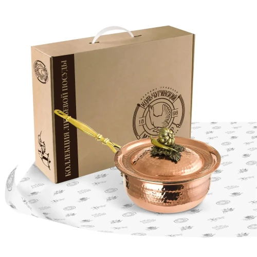 Сотейник с крышкой медный с луж. кованый (длин.ручка латунь чернь Чеснок) Сотейник с крышкой медный с луж. кованый (длин.ручка латунь чернь Чеснок)