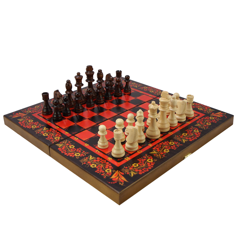 Набор игр шахматы нарды, шашки с доской Хохлома красная