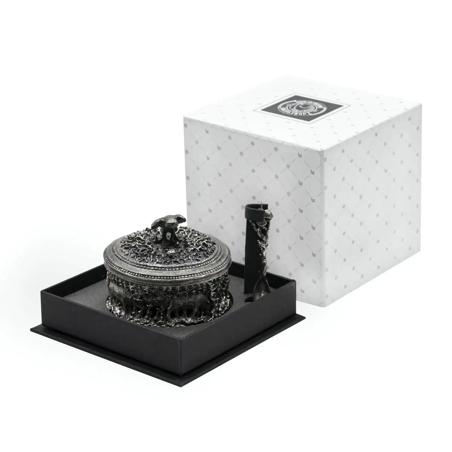 Солонка "Сова" посереб. полир. с черн. с лож. в футляре