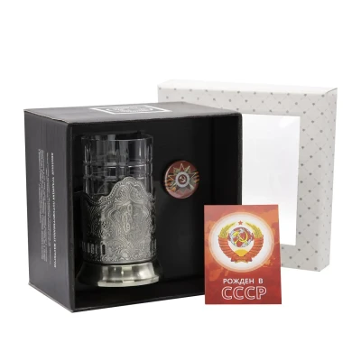 Набор для чая "9 Мая" никелированный с чернением с открыткой и значком