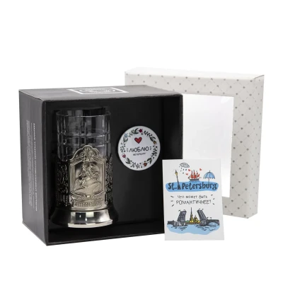 Набор для чая "Медный всадник" никелированный с чернением  с открыткой и значком "Санкт Петербург"