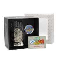 Набор для чая "Отечество Долг Честь" никелированный с чернением с открыткой и значком "Вооруженные силы"