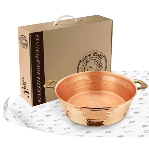 Таз 6 л медный кованый с латунной  ручкой "Гладкая"