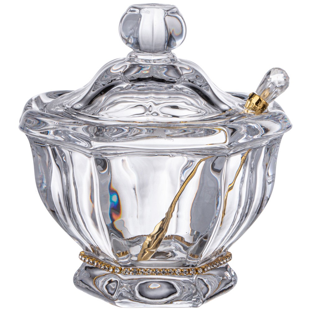 БАНКА ДЛЯ МЕДА "РУБЛЕВКА" 250 МЛ. 12.5*12.5 СМ. ВЫСОТА=14 СМ. + ЛОЖКА. КОЛЛЕКЦИЯ "MUZA" (КОР=8ШТ.)