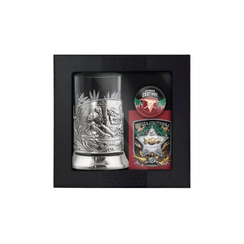 Набор для чая "Охотники" никелированный с чернением с открыткой и значком "Лучшему охотнику" Набор для чая "Охотники" никелированный с чернением с открыткой и значком "Лучшему охотнику"