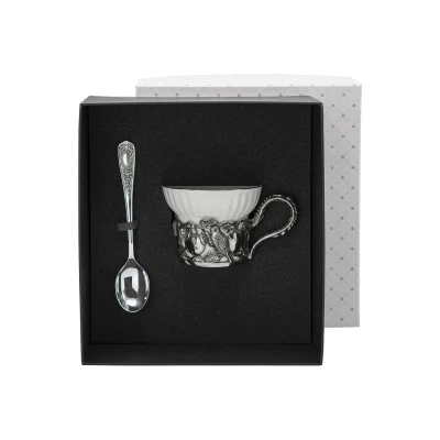 Набор чайная чашка "Яблочный спас": ложка, чашка посеребренный с чернением