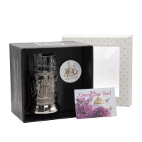 Набор для чая "Пётр и Феврония" никелированный с чернением с открыткой "Пасха" и значком "Спаси и сохрани"