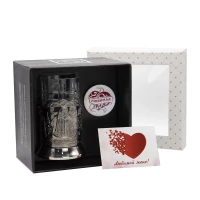 Набор для чая "Пётр и Феврония" никелированный с чернением с открыткой и значком "Любимой жене"