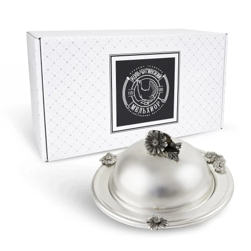 Масленка "Ромашки" латунная  посеребренная с чернением