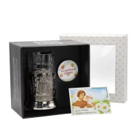 Набор для чая "Пётр и Феврония" никелированный с чернением с открыткой и значком "Семейный оберег"