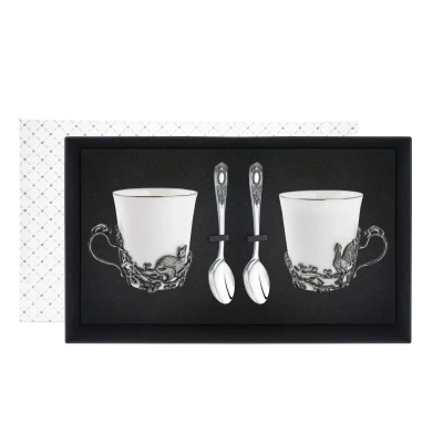 Набор чайных чашек "Куница": ложка, чашка посеребренный с чернением