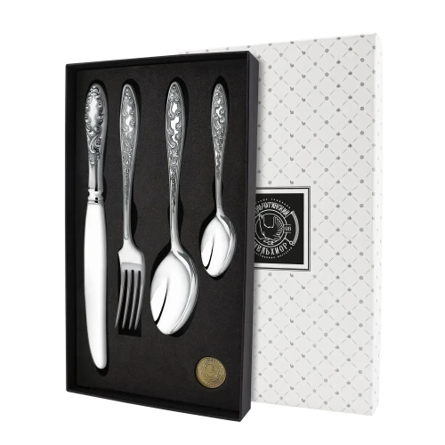 Набор столовый "Морозко": вилка, ложка, нож, чайная ложка посеребренный с чернением