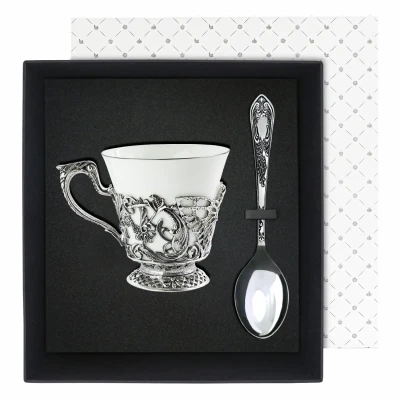 Набор чайная чашка "Фея": ложка, чашка посеребренный с чернением