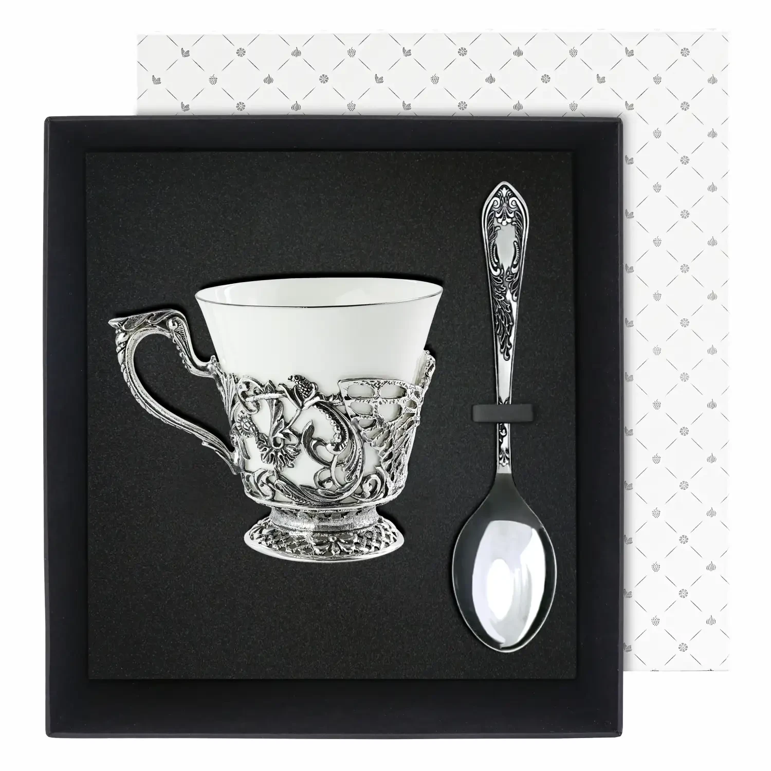 Набор чайная чашка "Фея": ложка, чашка посеребренный с чернением