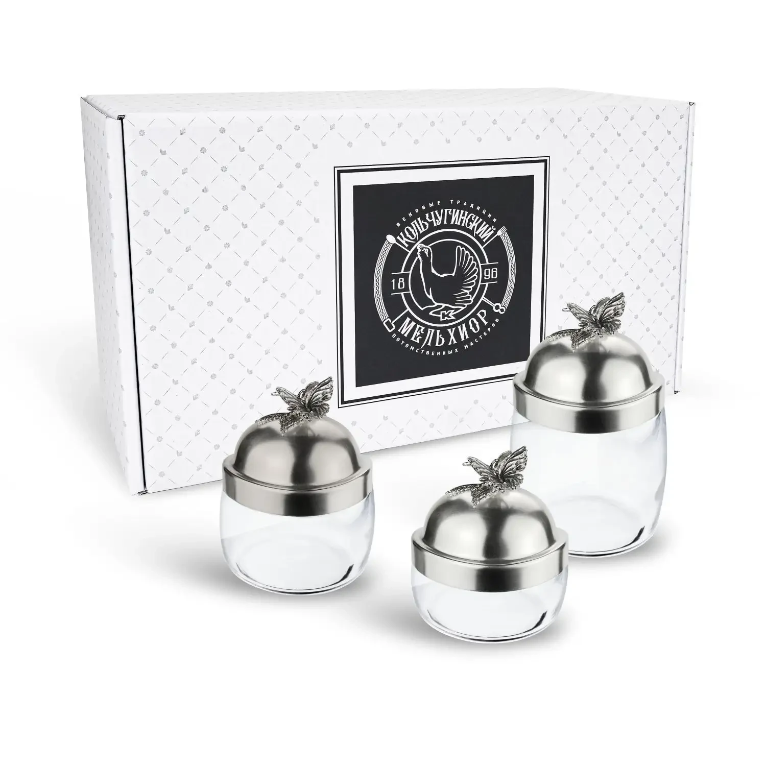 Набор банок под сыпучие продукты с медной посеребренной крышкой "Бабочки"