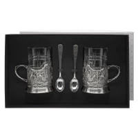 Набор подстаканников "Кабан": ложка, стакан, подстаканник посеребренный полированный с чернением