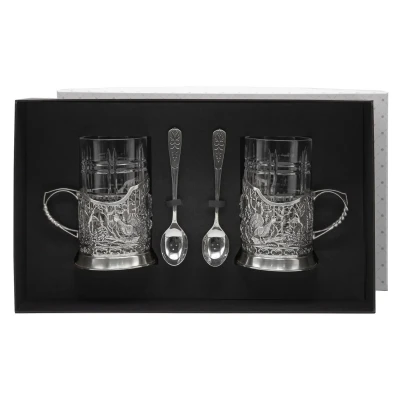 Набор подстаканников "Кабан": ложка, стакан, подстаканник посеребренный полированный с чернением