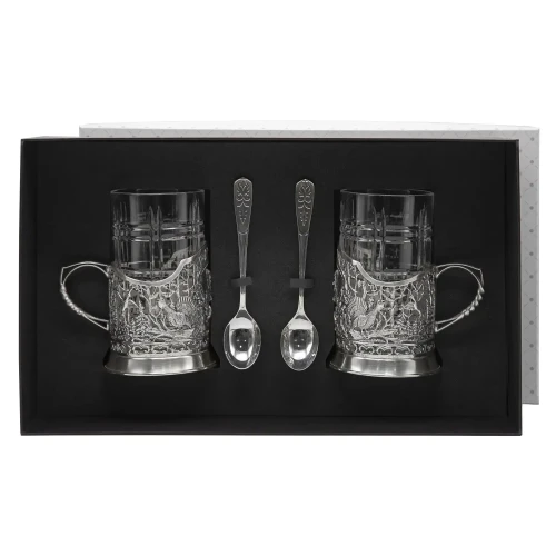 Набор подстаканников "Кабан": ложка, стакан, подстаканник посеребренный полированный с чернением