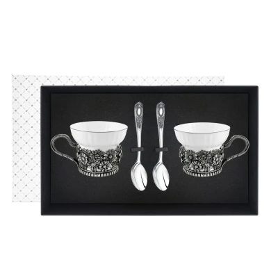 Набор чайных чашек "Ромашки": ложка, чашка посеребренный с чернением
