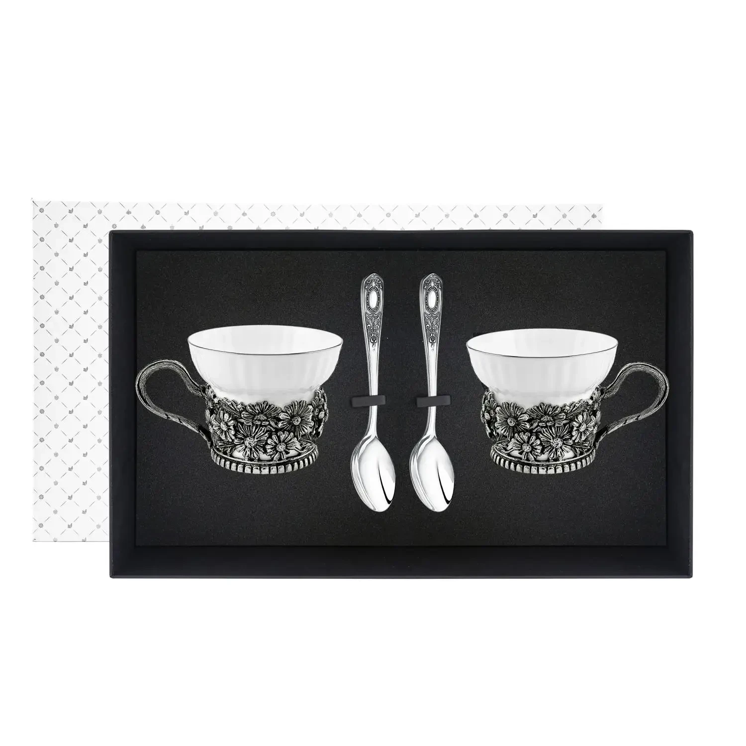 Набор чайных чашек "Ромашки": ложка, чашка посеребренный с чернением