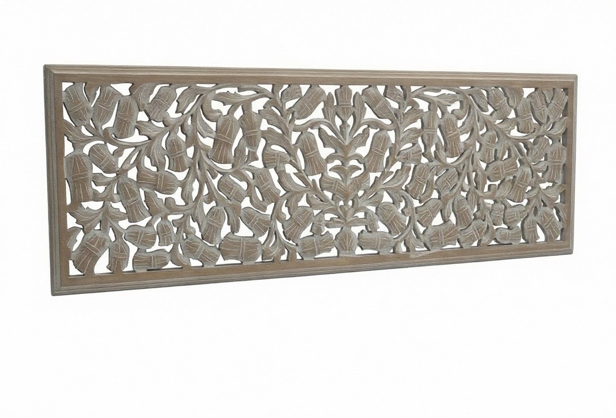 Панно настенное резное, манго и МДФ, серый, белёный, 40×120 см