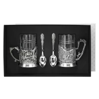 Набор подстаканников "Охота и рыбалка": ложка, стакан, подстаканник посеребренный с чернением