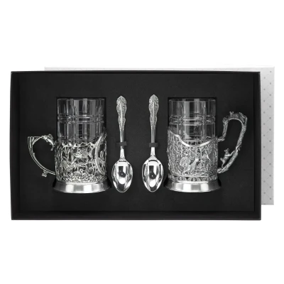 Набор подстаканников "Охота и рыбалка": ложка, стакан, подстаканник посеребренный с чернением