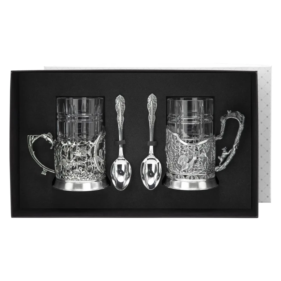 Набор подстаканников "Охота и рыбалка": ложка, стакан, подстаканник посеребренный с чернением