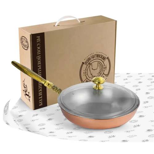 Сковорода средняя медная с лужением с крышкой "КМ" с резной ручкой