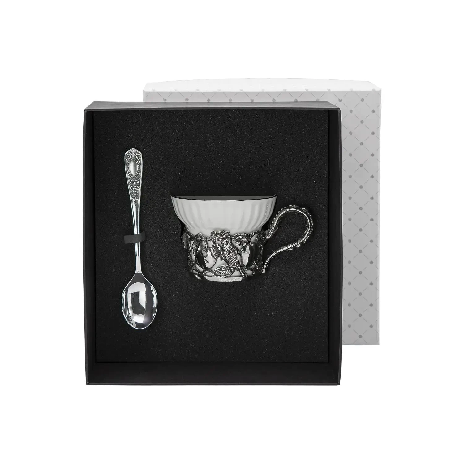 Набор чайная чашка "Яблочный спас": ложка, чашка посеребренный с чернением