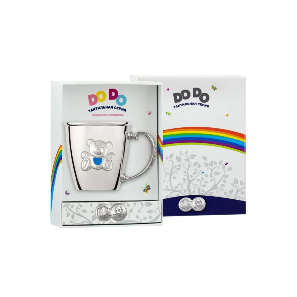 Кружка детская посеребренная "Мишка" с голубой с эмалью