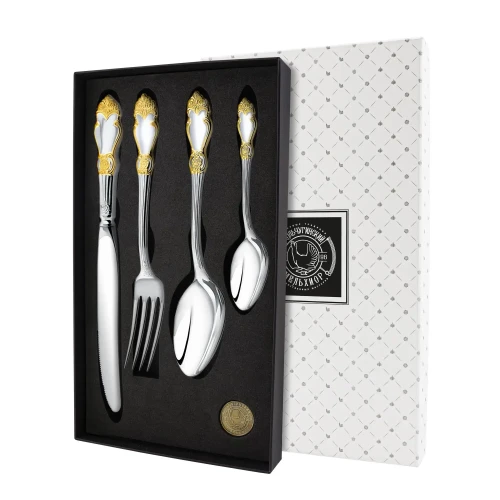 Набор столовый "Серебряная Роза": вилка, ложка, нож, чайная ложка посеребренный с позолотой