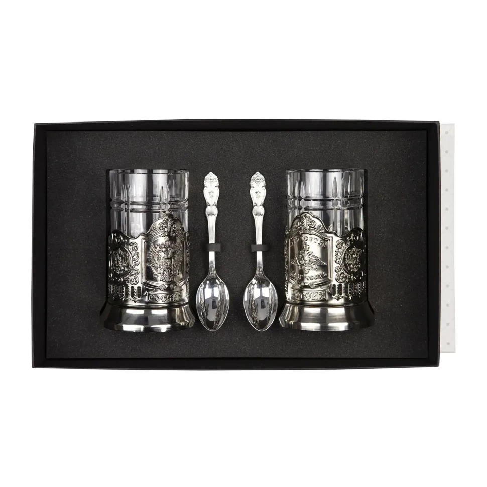 Набор подстаканников "Отечество и Герб РФ" никелированный с чернением