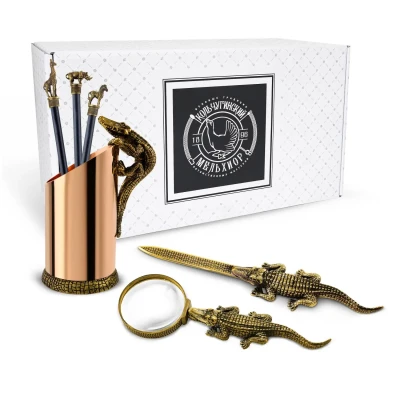 Набор канцелярский "Сафари" латунный с чернением 6 предметов (лупа+нож д/писем+карандашница+3 карандаша)
