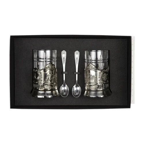 Набор подстаканников  "Петр I и Исаакиевский собор" никелированный с чернением